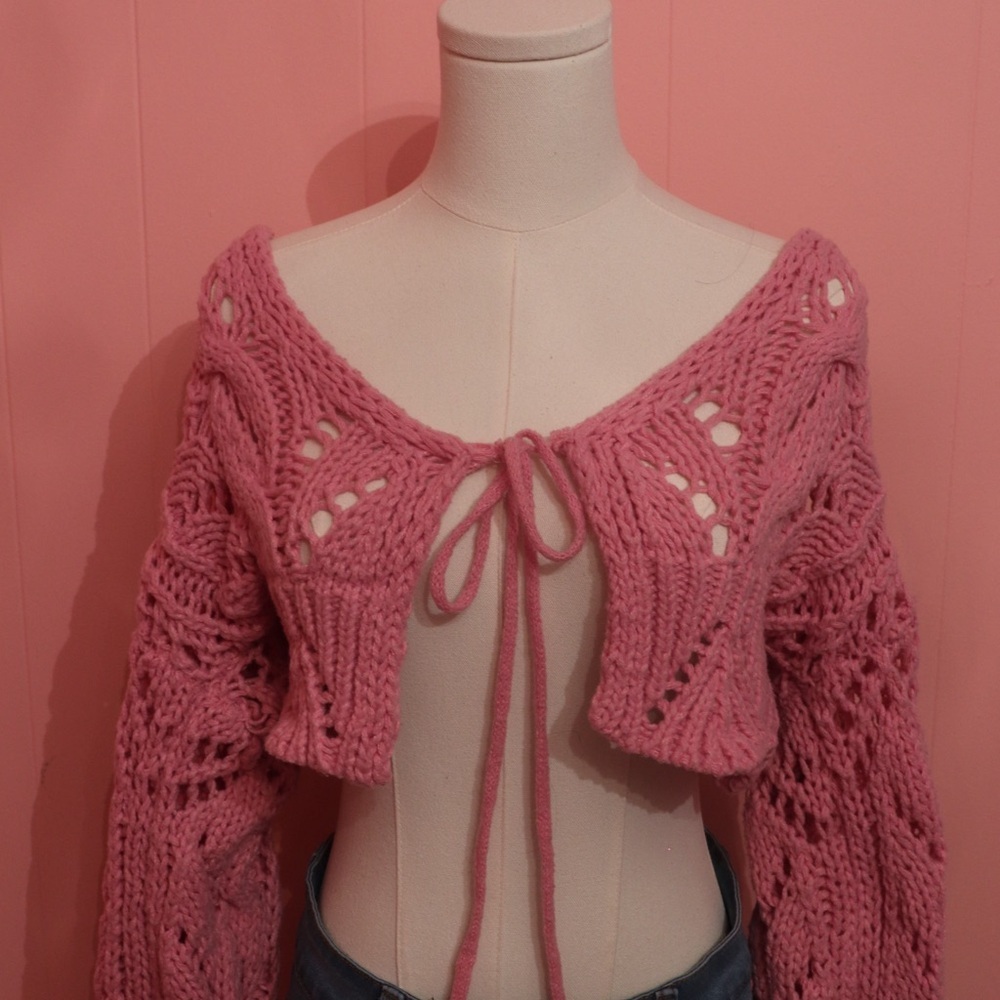 🌸 Storia Pink Crochet Knit Tie-Front Cardigan – Size Medium 🌸 - Picture 4 of 7